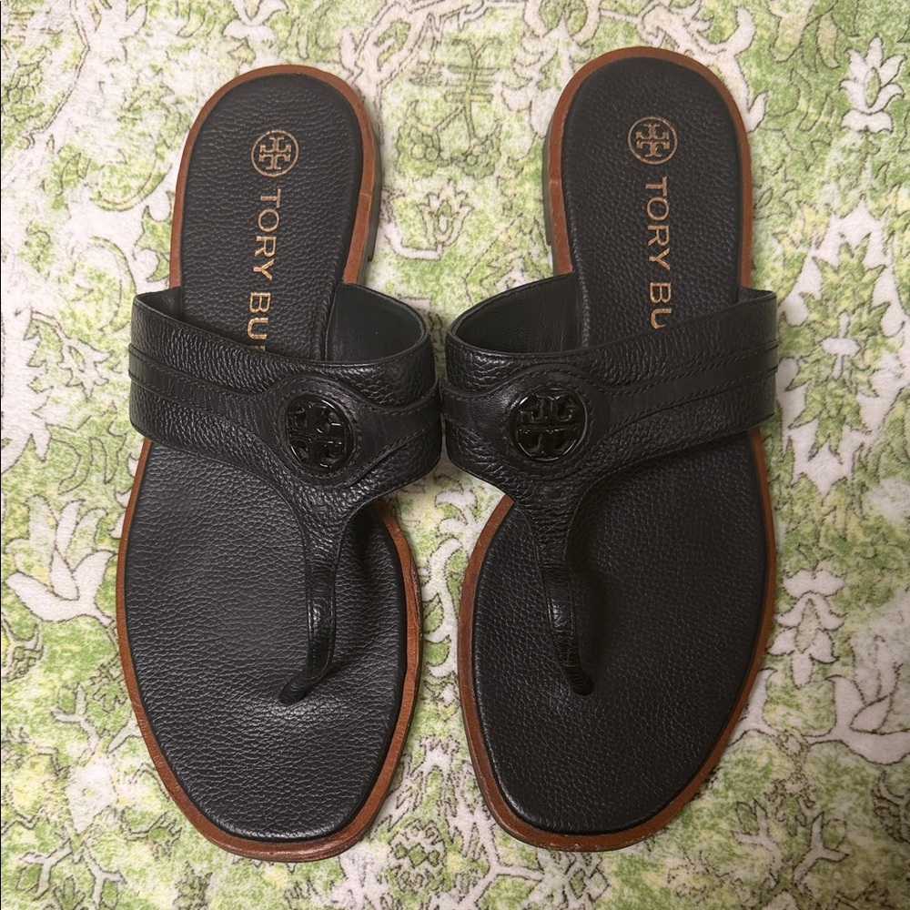 Tory Burch Black Leather Logo Thong Sandals with Brown Trim